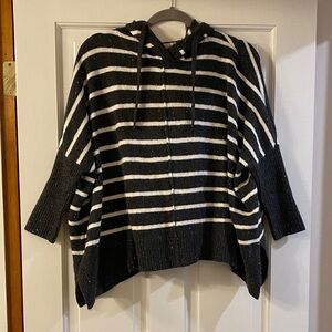 LOFT Gray and White Striped Poncho Sweater